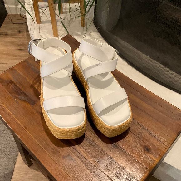 PURE Donna Karan Lolah Ankle Strap Raffia Platform Sandal White Leather Size 7 - Picture 5 of 12